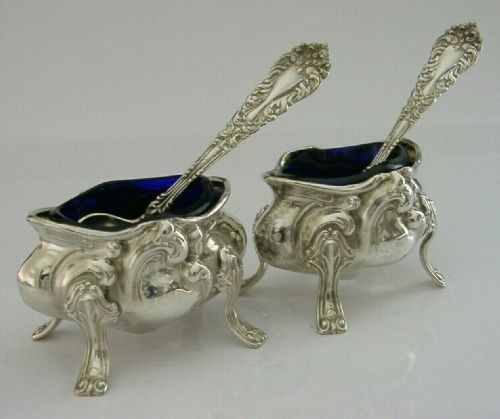 Beautiful American Sterling Silver Table Salt Cellars & Spoons C1910 Antique