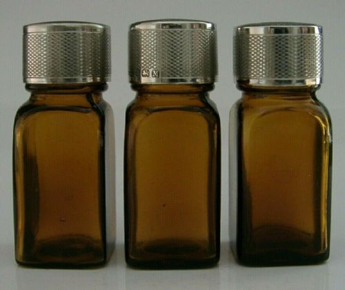 Unusual Set of 3 Sterling Silver Topped Pill or Medicine Bottles Antique 1936