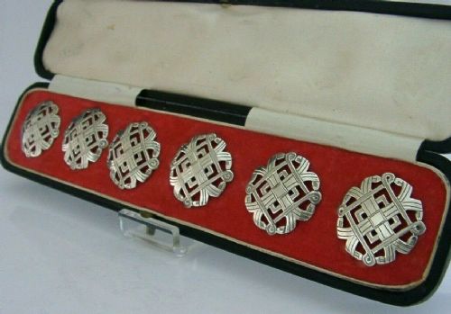 Stunning Six Solid Sterling Silver Arts and Crafts Buttons Cased 1902 Antique
