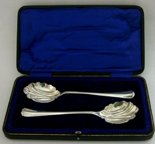 Pair of Sterling Silver Art Nouveau Serving Spoons Cased 1919 Antique Heavy 132g