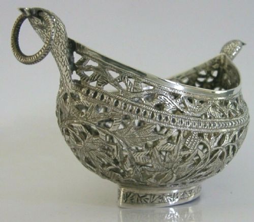 Beautiful Indian Eastern Solid Silver Kashkul Bowl Heavy 123g Snakes C1900