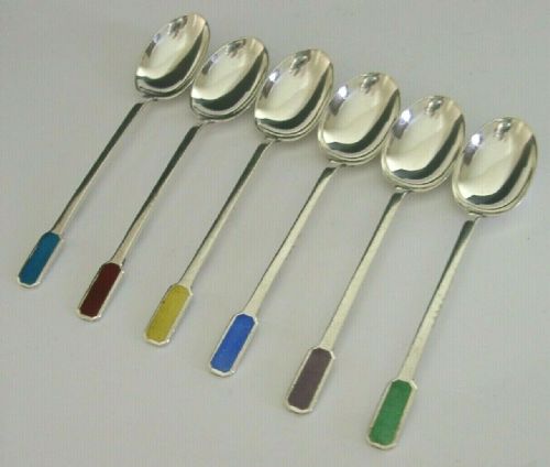 Six Stunning English Solid Sterling Silver Enamel Spoons 1918 Art Deco