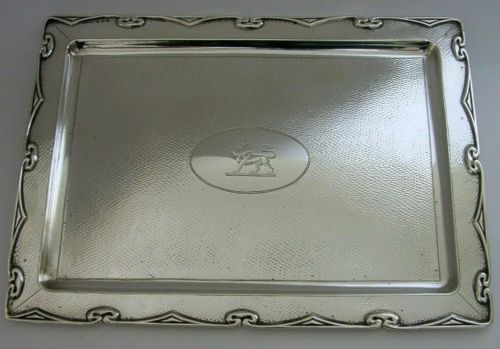 Large English Solid Sterling Silver Bruce Family Crested Tray 1910 Antique 368g