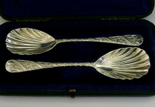 Super Pair of Sterling Silver Victorian Serving Spoons Cased 1895 Antique 84g