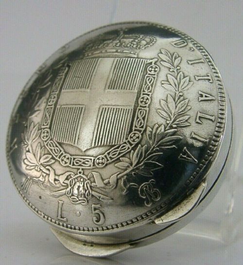 Very Unusual Italian Solid Silver 1879 Lire Coin Snuff Pill Box C1920