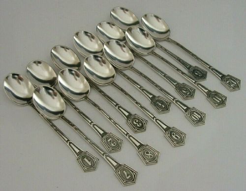 Rare Dutch Twelve Solid Silver Numbered Spoons C1920 Art Deco Antique 114g