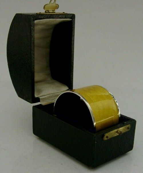 Rare Solid Sterling Silver Yellow Enamel Napkin Ring 1925 Art Deco Antique Cased