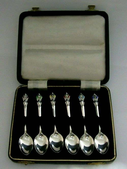 Superb English Six Solid Sterling Silver and Enamel Art Deco Spoons Cased 1947