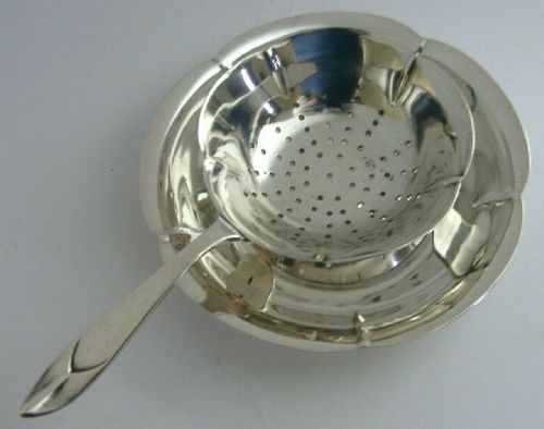Superb Dutch Solid Silver Tea Strainer and Drip Bowl 1944 Antique 72g Art Deco