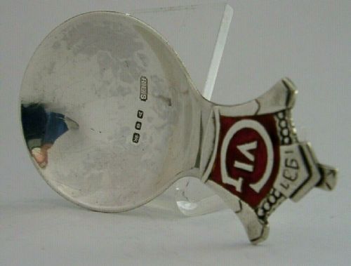 Rare Re Stone George VI Sterling Silver Caddy Spoon Enamel 1937 Plannished