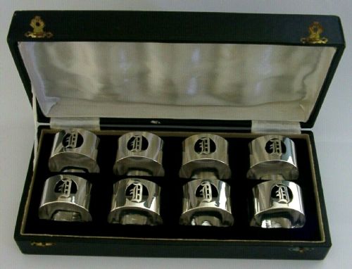 Rare Cased Set of Eight Solid Silver Napkin Rings C1920 Art Deco Gothic D 140g
