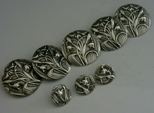 Eight Sterling Silver Art Nouveau Snow Drop Buttons 1902 Antique Large 1.25inch