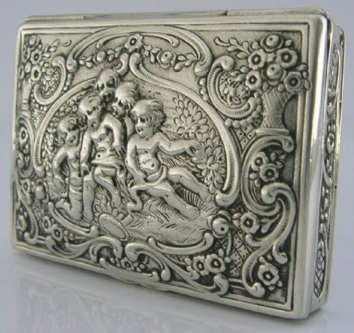Beautiful Heavy 84g German Solid Silver Cherub Snuff Trinket Box C1900 Antique