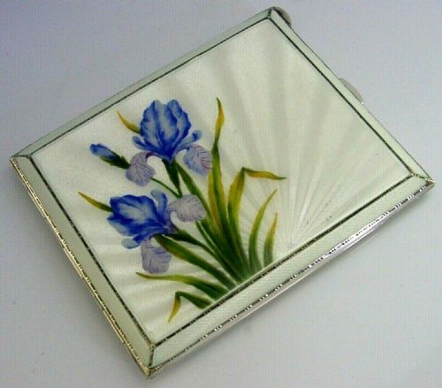 Stunning Sterling Silver Enamel Iris Cigarette Case 1956 Art Nouveau Style 166g