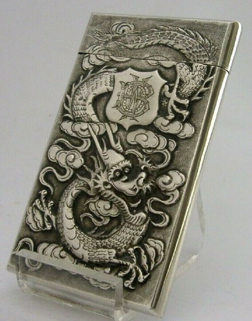 Chinese Export Solid Silver Dragon Card Case C1900 Antique