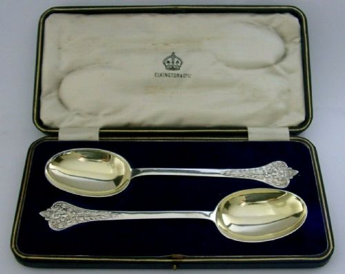 Stunning 172g English Sterling Silver Serving Spoons 1919 Antique Cased