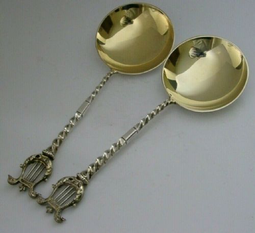 Rare Lyre Harp Sterling Silver Serving Spoons 1895 Victorian 105g
