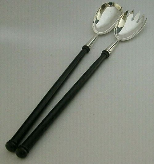 Superb Huge Edwardian Solid Sterling Silver Ebony Salad Servers 1906 Antique