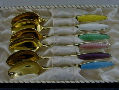 Six Stunning Cased Danish Solid Sterling Silver Gilt Enamel Spoons C1960 Denmark