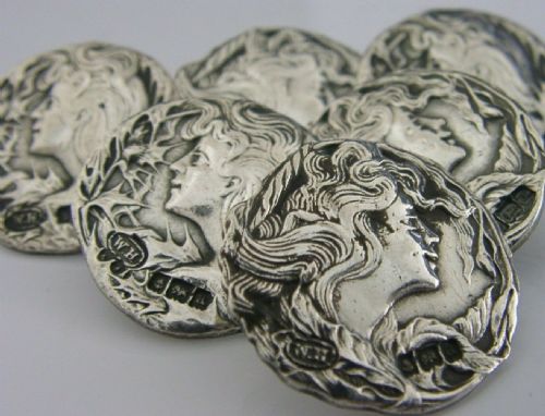 Six English Solid Sterling Silver Art Nouveau Maiden Buttons 1900 Stunning