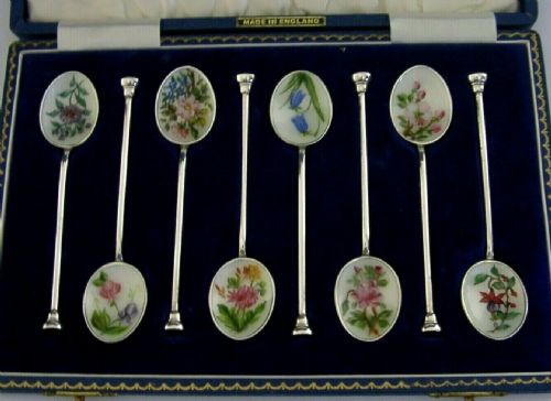 Superb Rare Eight English Sterling Silver Enamel Flower Spoons 1961 Cased 84g