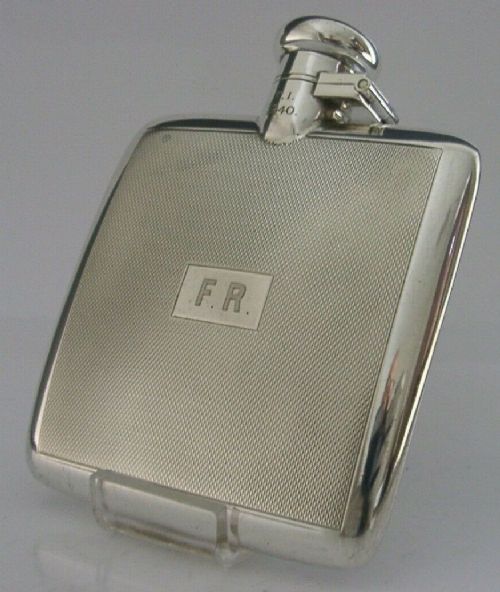 Superb English Solid Sterling Silver Spirit Hip Flask 1940 Art Deco Antique
