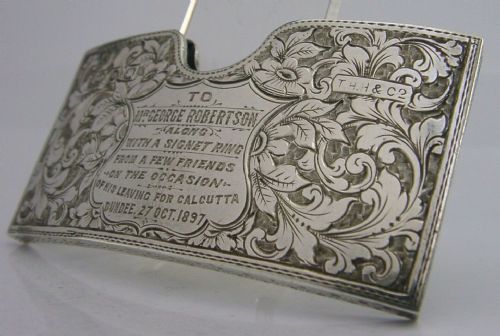 Victorian Solid Silver Indian Dundee Presentation Card Case 1896 Antique 32g