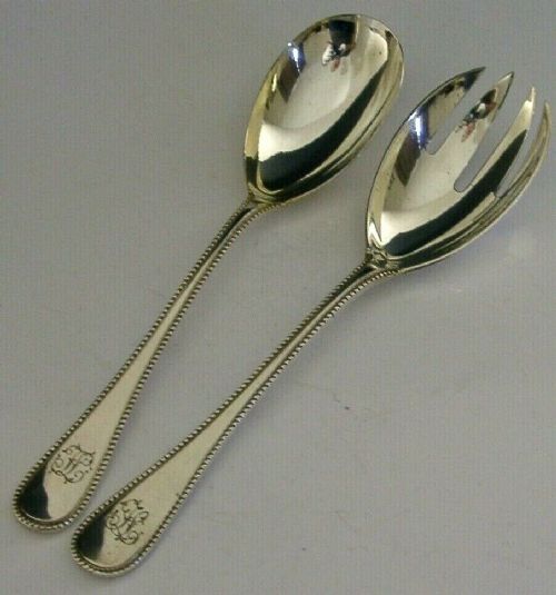 German Solid 800 Silver Beaded Pattern Salad Servers C1900 Antique 92g