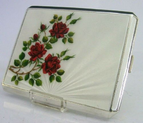 Superb English Sterling Silver Enamel Rose Cigarette Case London 1950 Antique