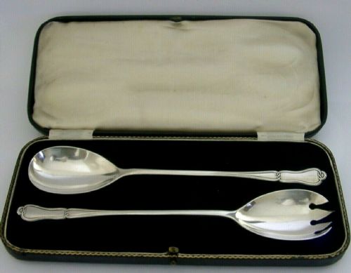 Art Nouveau English Sterling Silver Salad Servers 1934 Antique Cased