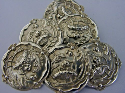 Six English Solid Sterling Silver Art Nouveau Poppy Flower Buttons 1904 Stunning