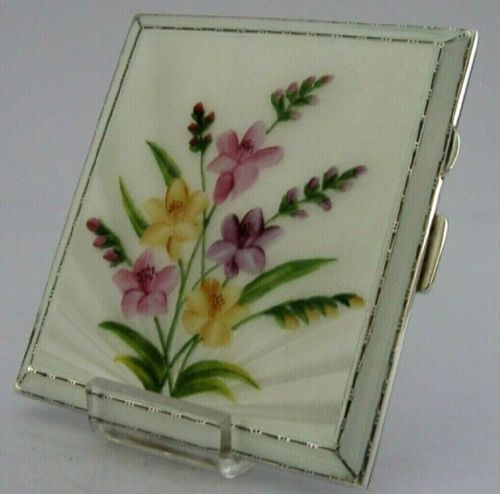 Stunning English Sterling Silver Enamel Freesia Cigarette Case 1960 124g