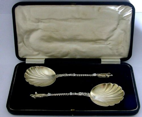 Superb English Sterling Silver Apostle Serving Spoons 1871 Antique Cased 156g