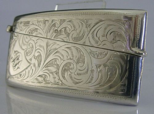 Beautiful English Solid Silver Curved Card Case 1927 Antique 36g