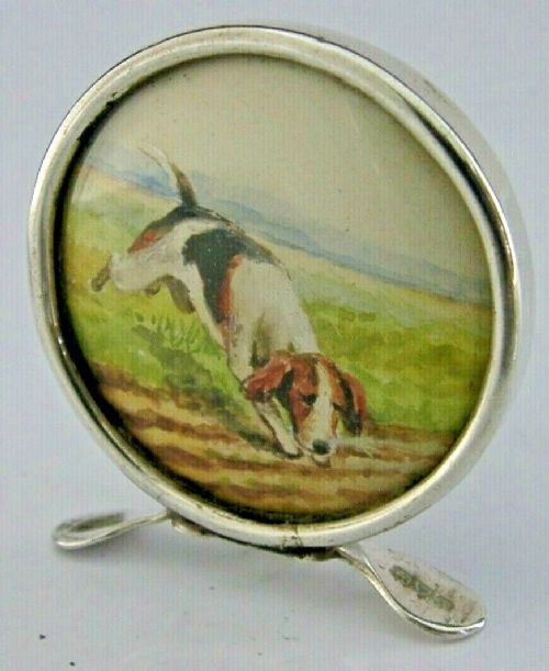 Rare Sterling Silver Enamel Menu Holder Fox Hound Antique 1913 Hunting Shooting
