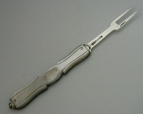 Rare Shape Victorian Sterling Silver Mother of Pearl Folding Fork 1854 Antique