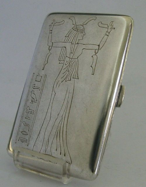German Solid Silver Egyptian Theme Cigarette Case C1930 Antique 54g Art Deco
