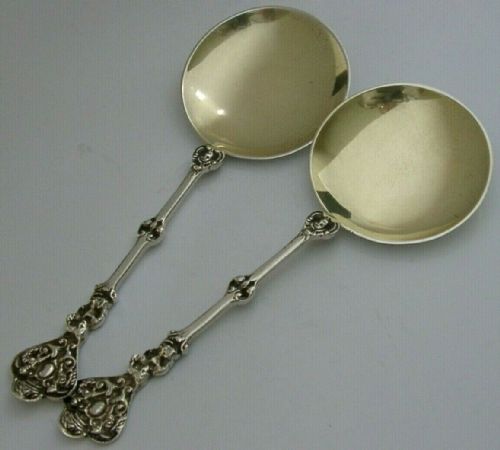 Unusual English Solid Sterling Silver Cherub Serving Spoons 1901 Antique 102g