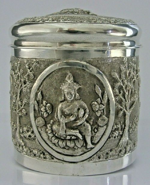 Rare Solid Silver Tea Caddy Box C1920 Antique 170g Asian Thailand Sri Lanka
