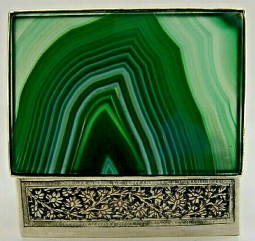 Stunning Indian Solid Silver Agate Table Box C1920 Antique 110g
