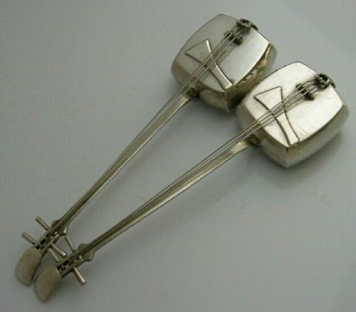 Novelty Japanese Sterling Silver Shamisen Instrument Pepper Pots 1940 Antique