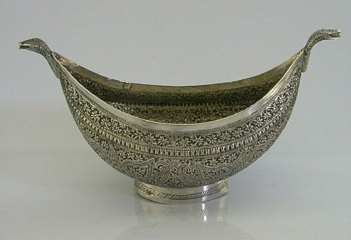 Beautiful Indian Eastern Solid Silver Kashkul Bowl Heavy C1890 Snakes 128g