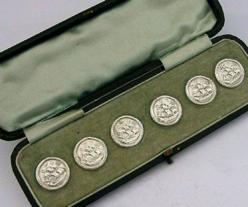 Rare Six Dutch Solid Sterling Silver Gallon Ship Buttons C1900 Antique Cased