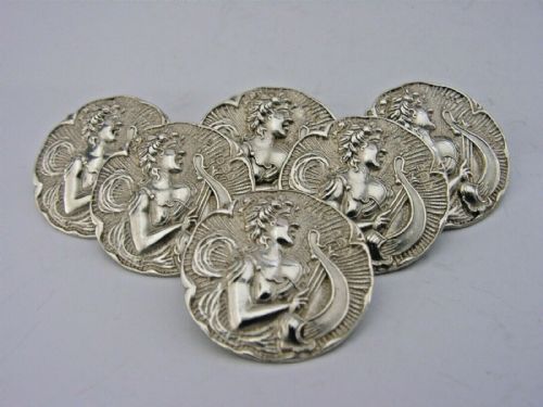 Six English Sterling Silver Art Nouveau Classical Maiden Buttons 1906-07 Antique