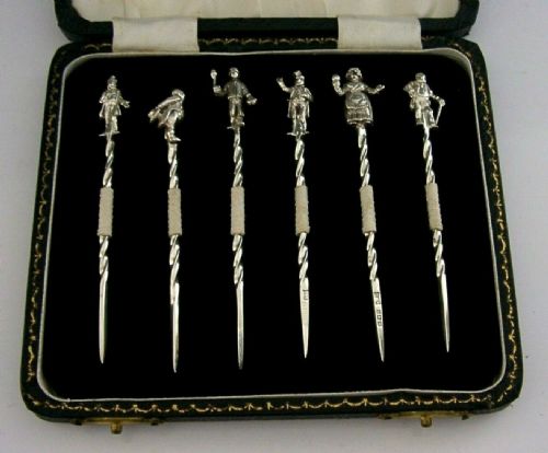 Rare Set of English Sterling Silver Dickens Figures Cocktail Sticks 1957 Barware