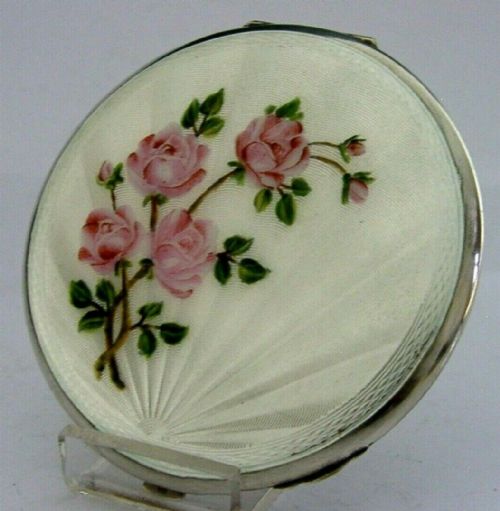 Mint Stunning English Rose Sterling Silver Enamel Compact 1959 Mappin & Webb