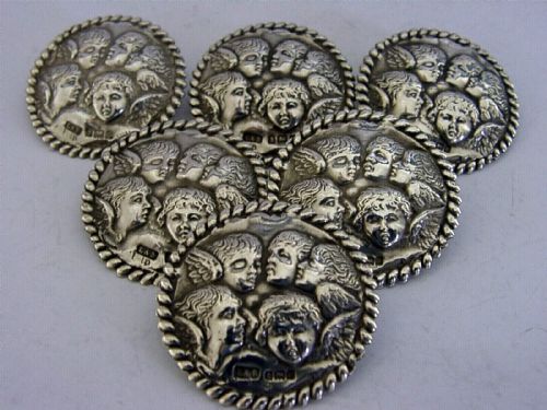 Six Large English Sterling Silver Reynolds Angels Cherubs Buttons 1900 Antique