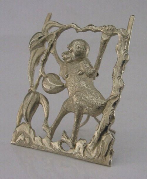 Rare Chinese Export Solid Silver Monkey Menu Holder C1900 Antique 10g