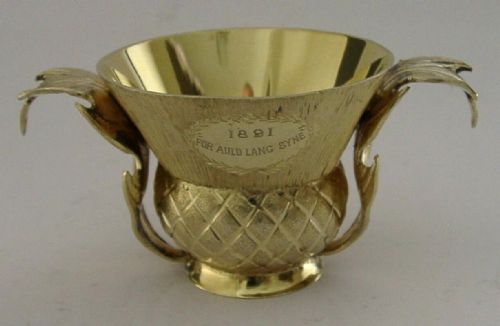 Rare Scottish Silver Gilt Whisky Cup 1891 Thistle Victorian Auld Lang Syne 74g