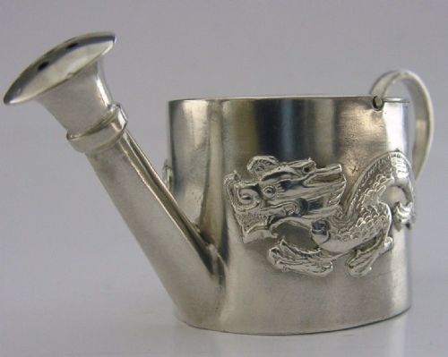 Rare Chinese Export Silver Watering Can Pepper Spice Pot C1910 Antique Dragon